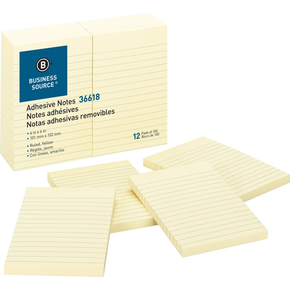 SP RICHARDS 36618 Business Source Ruled Adhesive Notes - 4in Flag/Note Width x 6in Flag/Note Length - Rectangle - Ruled - Yellow - Solvent-free Adhesive, Self-adhesive - 12 / Pack