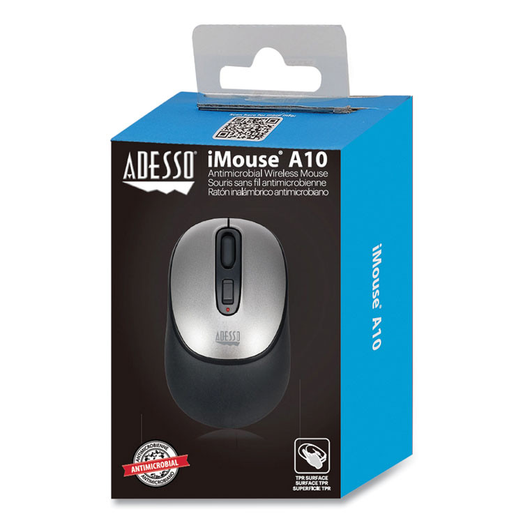 ADESSO INC A10 iMouse A10 Antimicrobial Wireless Mouse, 2.4 GHz Frequency/30 ft Wireless Range, Left/Right Hand Use, Black/Silver