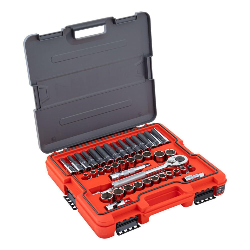 Proto J54341AS Combination Hand Tool Sets; Set Type: Socket Set ; Number Of Pieces: 41 ; Measurement Type: Inch & Metric ; Drive Size: 1/2 ; Container Type: Blow Mold Case ; Container Material: Plastic