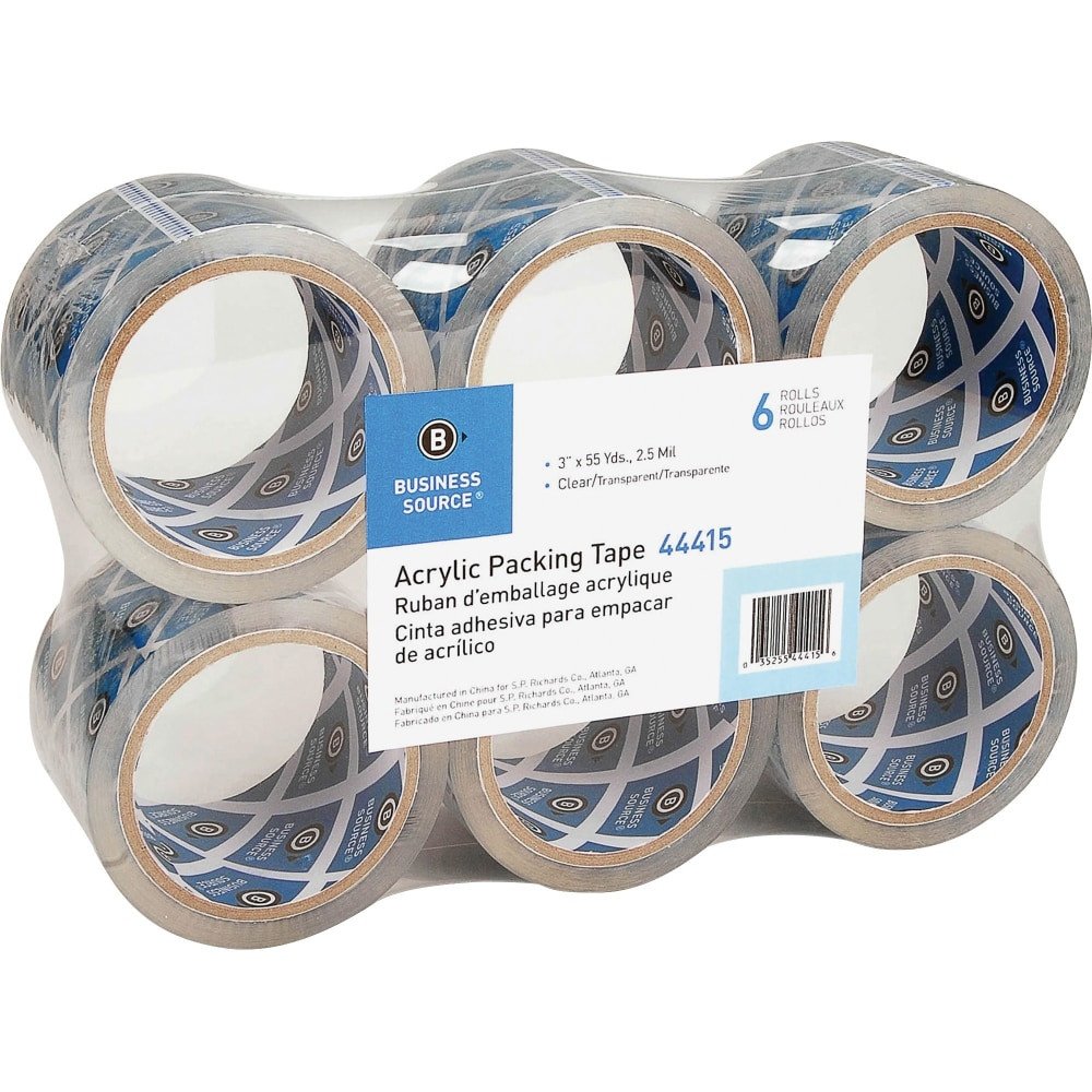 SP RICHARDS Business Source 44415  Acrylic Packing Tape - 55 yd Length x 3in Width - 2.5 mil Thickness - 3in Core - Pressure-sensitive Poly - Acrylic Backing - For Mailing, Shipping, Storing - 6 / Pack - Clear