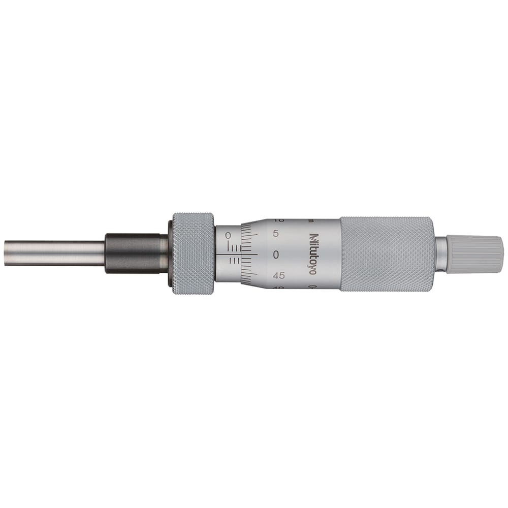 Mitutoyo 150-209 Mechanical Micrometer Heads; Thimble Diameter (mm): 18.00 ; Spindle Diameter (mm): 6.35 ; Spindle Length (mm): 42.00 ; Calibrated: No ; Stem Diameter (mm): 15.000 ; Stem Length (mm): 15.00