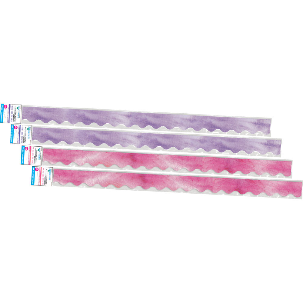 BARKER CREEK PUBLISHING, INC. 4361 Barker Creek Double-Sided Scalloped-Edge Border Strips, 2-1/4in x 36in, Pink/Purple Tie-Dye And Ombre, Pack Of 52 Strips