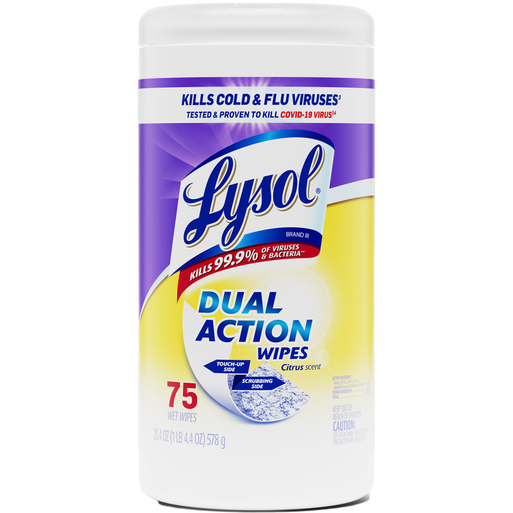 RECKITT BENCKISER 81700 Lysol Dual-Action Disinfecting Wipes, Citrus Scent, 7in x 8in, Container Of 75