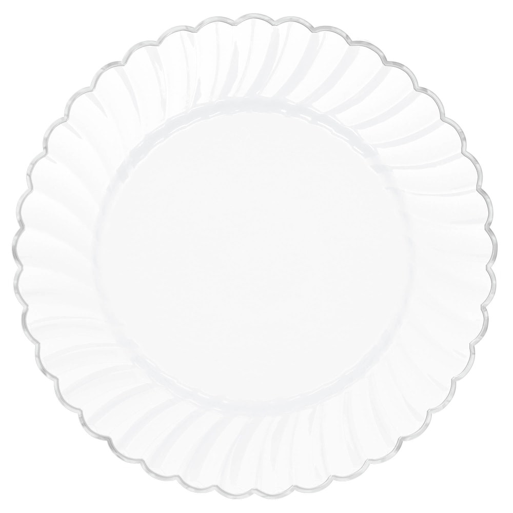 AMSCAN CO INC 438959.08 Amscan Scalloped Premium Plastic Plates With Trim, 10-1/4in, White/Silver, Pack Of 10 Plates