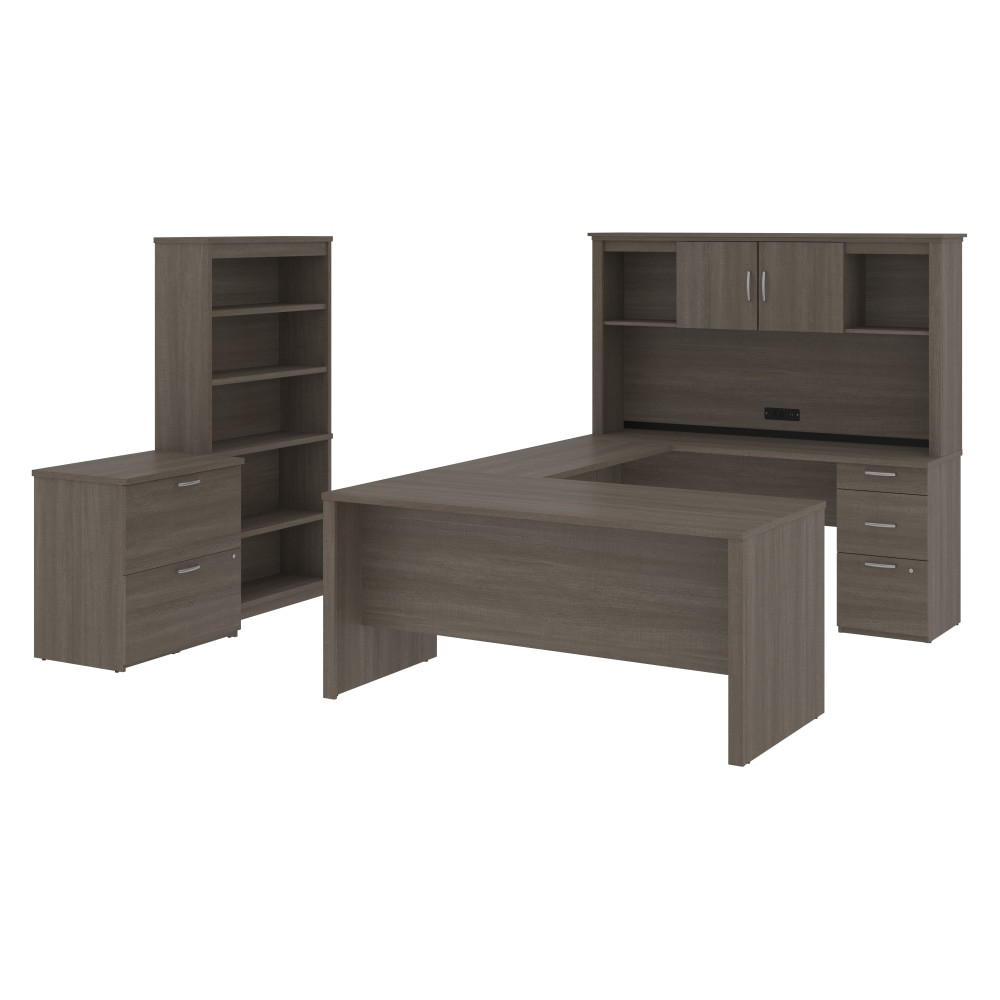 BESTAR INC. 46851-47 Bestar Logan U-Shaped Desk With Hutch, Lateral File Cabinet And Bookcase, Bark Gray