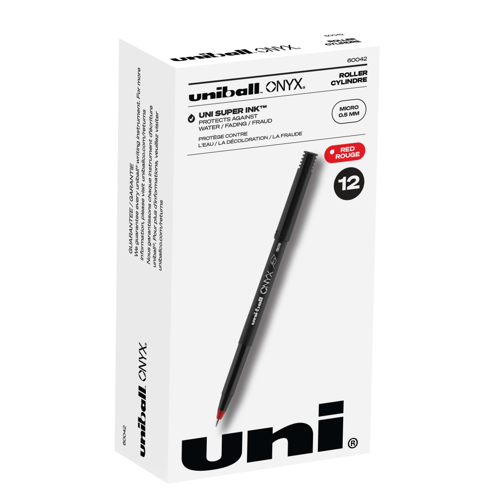 NEWELL BRANDS INC. Uni-Ball 60042  Onyx Rollerball Pens, Micro Point, 0.5 mm, Black Barrel, Red Ink, Pack Of 12