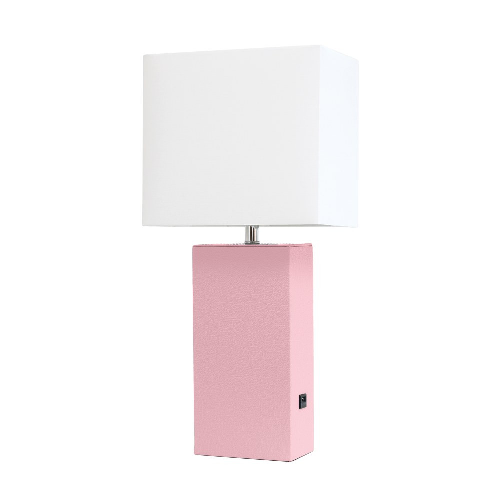 ALL THE RAGES INC LT1053-BPK Elegant Designs Modern Leather Table Lamp with USB, 21inH, White Shade/Blush Pink