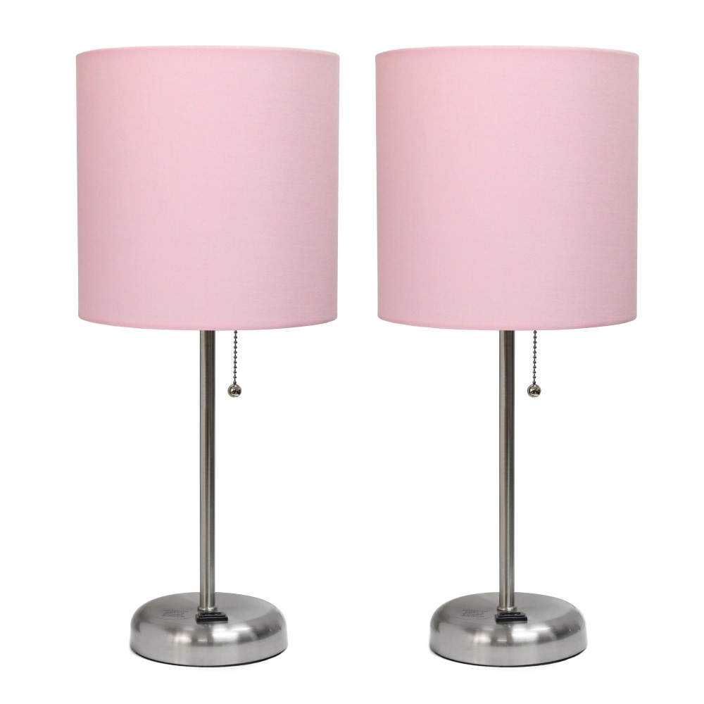 ALL THE RAGES INC LimeLights LC2001-LPK-2PK  Stick Desktop Lamps With Charging Outlets, 19-1/2in, Light Pink Shade/Brushed Nickel Base, Set Of 2 Lamps