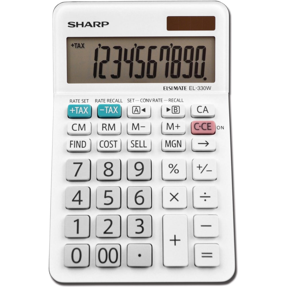 Quickly complete math queries with this calculator  Large buttons make pressing the right number more intuitive. Extra-large plus key makes calculations fast.  Automatic tax keys, a percent key, a square root key, a clear memory key and a backspace key enable flexible use.  Features solar power with battery backup to ensure the calculator is ready when needed.  Backed by the manufacturers 1-year limited warranty.  Large, 1-line LCD display features an angled design for easy reading. 10 characters per line for extended calculations.  4-number memory to accommodate your needs.