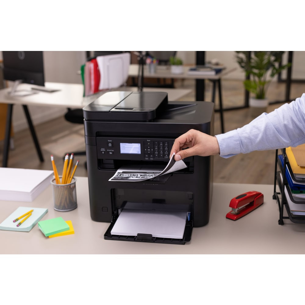 Prepare for whatever the day throws at you with this Canon all-in-one printer. The Canon imageCLASS offers fast print, scan and copy speeds to help you get the job done quickly. The monochrome printer features wireless technology and mobile printing options to help your team print from their devices.  Prints up to 30 pages per minute (ppm).  Prints at up to 2400 x 600 dpi resolution.  Mobile printing solutions include Canon PRINT Business, Apple AirPrint and Mopria Print Service, making it easy to print from your devices.  Copies up to 30 copies per minute (cpm) at up to 2400 dpi resolution.  Scans up to 30 impressions per minute at up to 2400 dpi resolution.  5-line LCD to view details of current jobs.  Wi-Fi (802.11b/g/n) technology and Wi-Fi Direct Connection to allow wireless connectivity and USB Device 2.0 High-Speed for a simple wired connection.  Features a 150-sheet input tray and a 35-sheet Simplex ADF.  Backed by the manufacturers 1-year limited warranty.