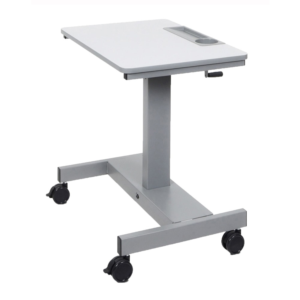 Keep your students focused and on task with help from this adjustable standing desk. The height is easy to adjust, and storage areas help students keep essentials close at hand.  Made of steel with a high-pressure laminate surface for durability.  Work surface includes a pencil and water bottle holder.  Hook lets you hang a backpack nearby.  Detachable crank handle allows you to raise and lower the desk between 29in and 42in.  4 casters (2 locking) glide smoothly over most types of flooring.  Assembly required.  Tested to meet ANSI/BIFMA Performance Standards - Manufacturer testing has been conducted on this product to meet specific performance requirements and safety standards set forth by the American National Standards Institute (ANSI) and the Business and Institutional Furniture Manufacturers.