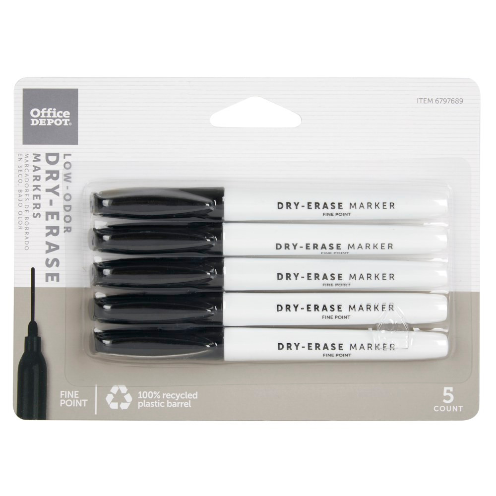 OFFICE DEPOT W-2111A5/BK  Brand Low-Odor Pen-Style Dry-Erase Markers, Fine Point, 100% Recycled Plastic Barrel, Black Ink, Pack Of 5