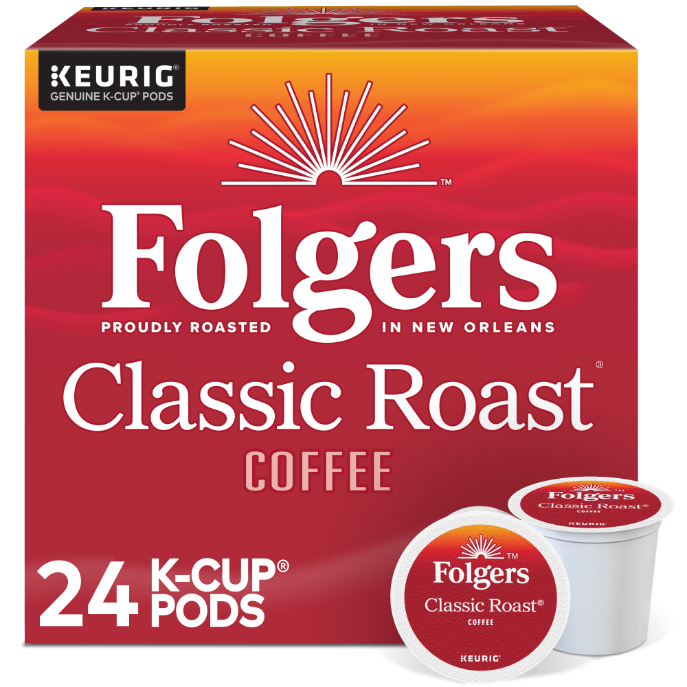 Kick-start your morning with rich, bold coffee. Folgers Gourmet Selections coffee offers the flavors you love in convenient K-Cup Pods.  Begin every day with delightfully flavored and roasted Folgers coffee.  Folgers is not affiliated with Keurig or K-Cup. K-Cup is a registered trademark of Keurig Incorporated.  Folgers classic roast cups deliver a rich aroma.  Includes a box of 24 classic roast coffee K-Cup Pods.
