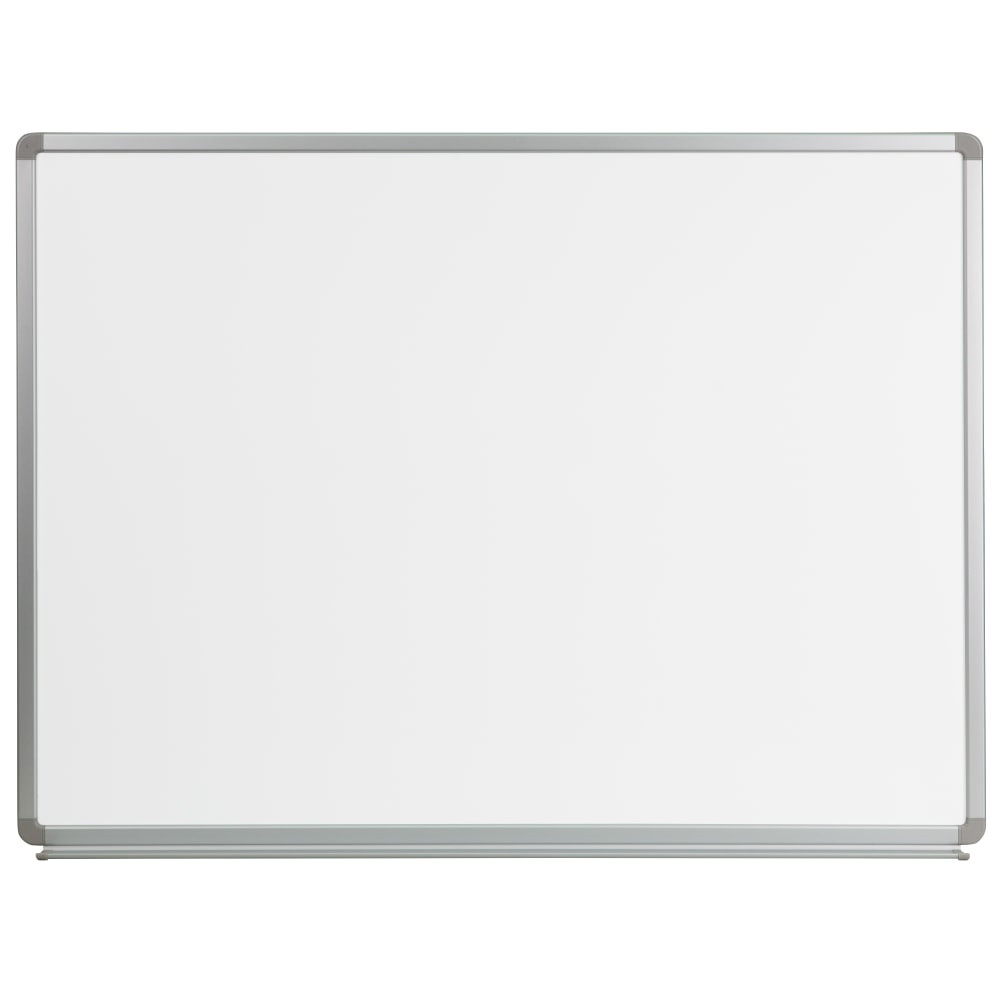 Write down your goals, erase and repeat on this dry-erase board from Flash Furniture. The board is crafted with a smooth, magnetic surface that will hold your documents or reminders or allow you to write and draw with ease.  Crafted with an aluminum frame for durability.  Galvanized steel backing with a lacquer painted surface is resistant to ghosting.  Easy-to-erase surface encourages smooth writing and drawing.  Includes a full-length marker tray and hooks.