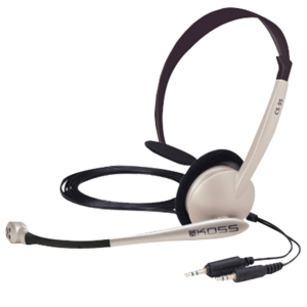 Enjoy clear audio and smooth communication when PC gaming with a Koss Koss CS95 USB Communication Headset. A noise canceling microphone helps to eliminate background distractions when speaking.  Ideal for PC voice applications, interactive gaming and speech recognition.  Electret, noise-reduction microphone allows hands-free communication from PCs.  Frequency response of 30Hz to 16kHz.  Dynamic element offers extended frequency response.  Foam earpads support open, hear-through sound.  Adjustable headband allows a custom fit.  Simple USB plug.  USB plugHeadset with electret, noise-reduction microphone for hands-free communication from PCsFrequency response: 30Hz-16kHzIdeal for PC voice applications, interactive gaming & speech recognitionDynamic element for extended frequency responseFoam earpads for open, hear-through soundOver the earAdjustable headband for a great fit