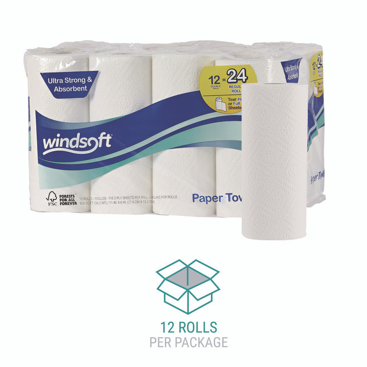 WINDSOFT 12216 Premium Kitchen Roll Towels, 2-Ply, 11 x 6, White, 110/Roll, 12 Rolls/Carton