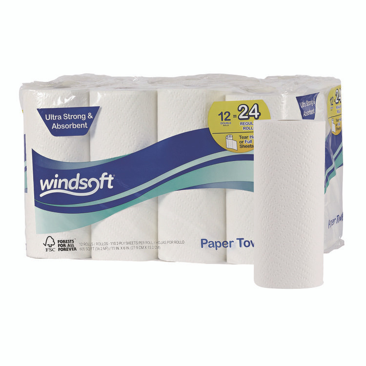 WINDSOFT 12216 Premium Kitchen Roll Towels, 2-Ply, 11 x 6, White, 110/Roll, 12 Rolls/Carton