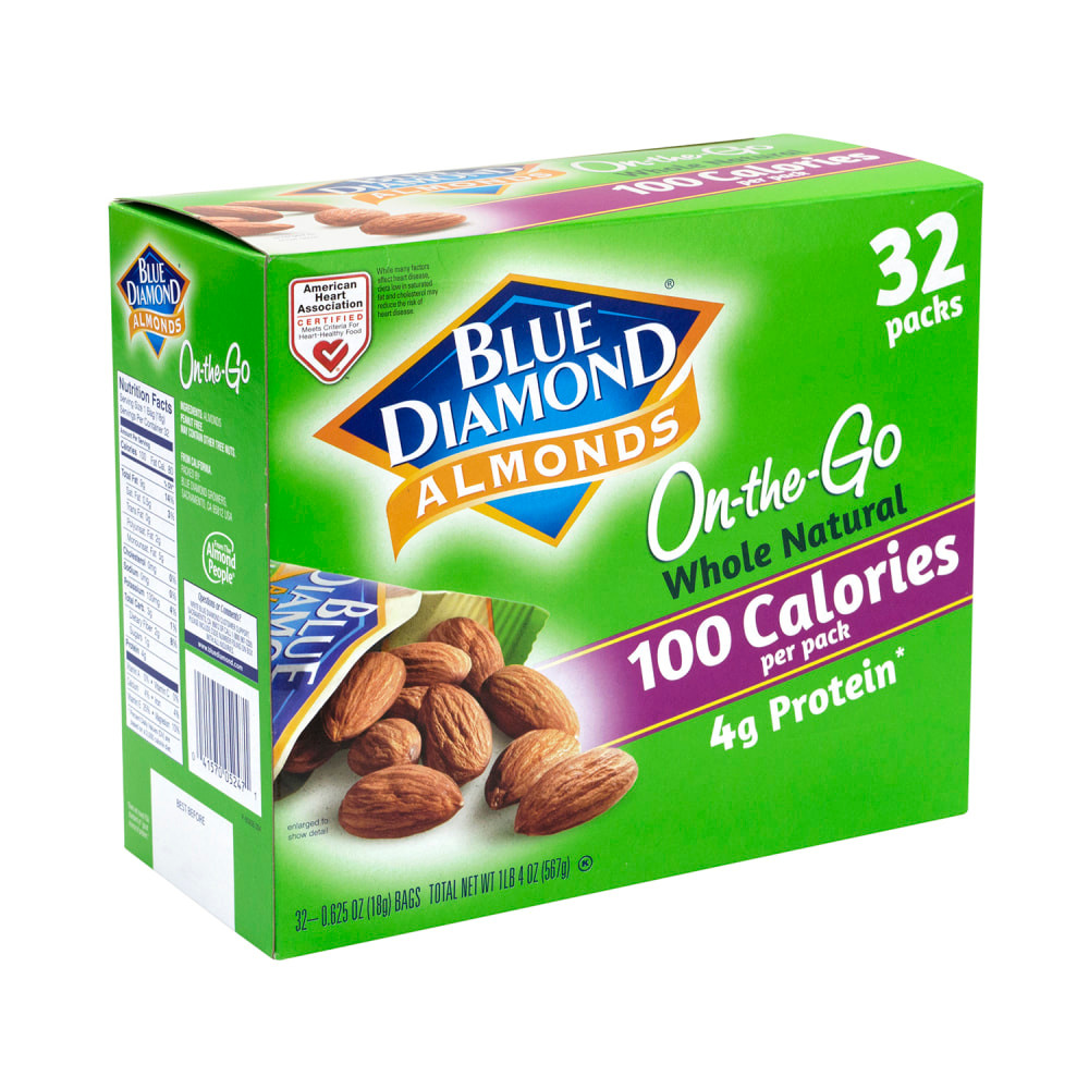 When you are on the run, choose a quick snack that will satisfy your hunger and is easy to take along for the ride. These Blue Diamond almonds offer a healthy choice that you can enjoy anywhere.  Whole, natural almonds offer a tasty flavor.  Single-serve, almonds on-the-go bags make it easy to enjoy nuts on the fly.  Each bag contains 4 grams of protein and just 100 calories for a healthy snack.  No trans fat or cholesterol.  Includes a box of 32 Blue Diamond almonds bags.