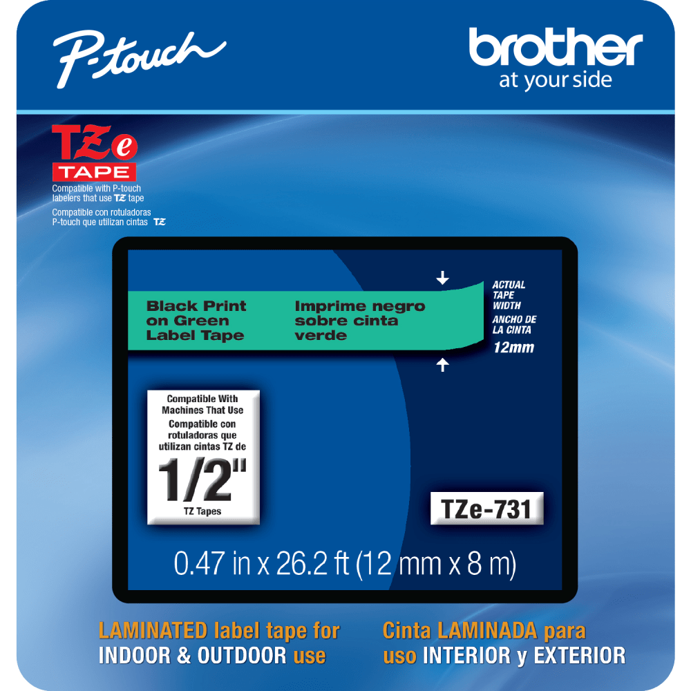 BROTHER INTL CORP TZE731CS Brother TZE731CS Genuine P-Touch Laminated Label Tape, 1/2in x 26-1/4ft, Black/Green
