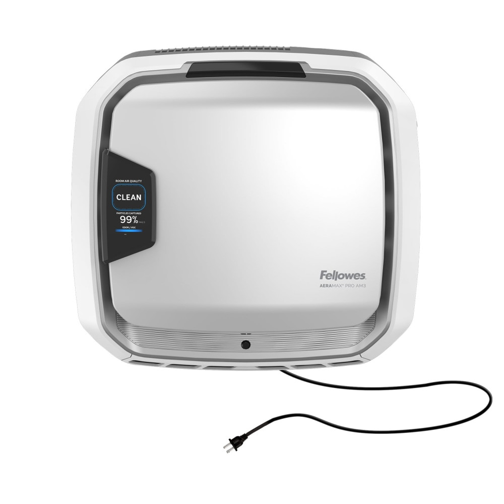 Maintain clean air with the Fellowes AeraMax Pro AM3R PC Air Purifier. The AeraMax Air Purifier is designed with EnviroSmart and PureView technology to continuously monitor the air quality. This air purifier with a HEPA filter is ideal for use in spaces up to 550 sq. ft.  4-Stage H13 True HEPA Filtration: Effectively removes at least 99.95% of particles as small, including allergens like pollen, dust, pet dander, and smoke in rooms 300-550 square feet.  Plug-in Wall Mount: Seamlessly integrates in your space creating whole-room circulation, does not require hardwired electrical installation.  Antimicrobial HEPA Treatment: Applied to the True HEPA filter to inhibit the growth of odor and stain-causing microorganisms, extending the filter lifespan.  Monitors Occupancy and Air Quality: The only air purifier that works harder when you need it, powered by EnviroSmart Technology.  Real-Time Air Quality Data: PureView  Technology shows the percentage of particles captured and a live status of room air quality.  Built to Last: Designed and engineered for long-term use backed by 5-year warranty.  Commitment to quality, Fellowes is dedicated to developing solutions to help you be at your best.