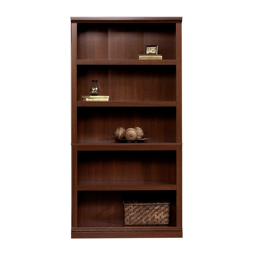 Organize your books, files or records or display your favorite china, collectibles or photos on this sturdy, attractive Sauder Select bookcase. The simple, chunky design fits well with any interior, adding handy storage to living and dining rooms, offices or hallways.  Constructed from engineered wood, this bookcase is durable and stable, holding strong to display your books, collectibles and photos for years to come.  Fixed shelves mean no wobbling or shifting, just solid storage.  Weight capacity per shelf tested for 35 lb.  Tall 5 shelf unit maximizes space, providing all the room you need to store and display your favorite belongings.  Flat top provides additional display space.  A traditional medium cherry finish looks good in modern and traditional rooms.  Measures 70in height to maximize storage.  Assembly required.  This product is heavy and/or oversized and may need more than one person to handle.