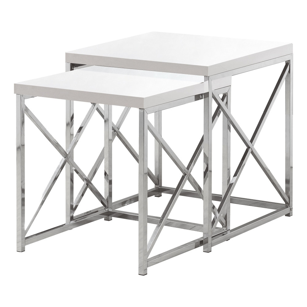 MONARCH PRODUCTS Monarch Specialties I 3025  Mila Nesting Tables, 21-1/4inH x 19-3/4inW x 19-3/4inD, Glossy White/Chrome, Set Of 2 Tables