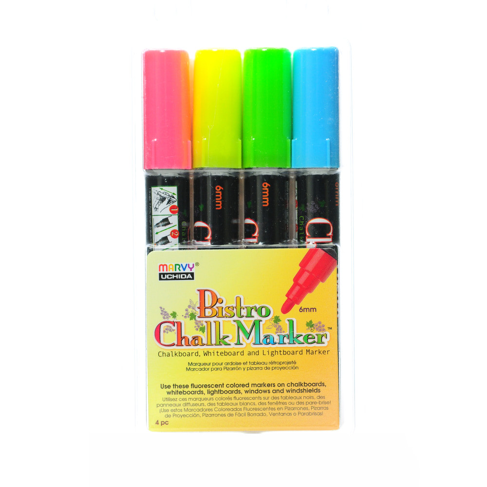 WINSOR & NEWTON 480-4A-2 Marvy Uchida Bistro Chalk Markers, 4 Markers Per Set, Pack Of 2 Sets, Broad Point, Fluorescent, 8 Markers