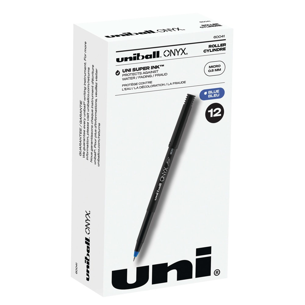 NEWELL BRANDS INC. Uni-Ball 60041  Onyx Rollerball Pens, Micro Point, 0.5 mm, Black Barrel, Blue Ink, Pack Of 12