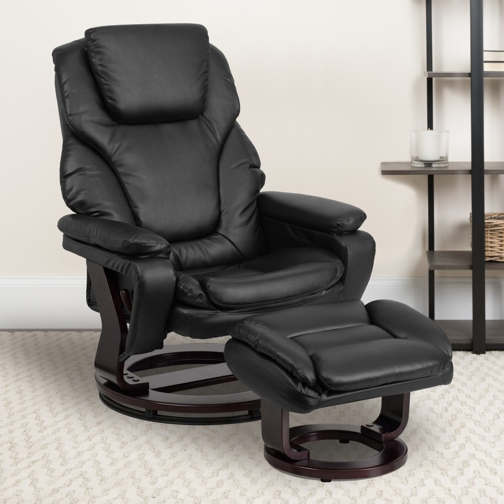 FLASH FURNITURE BT70222BKFLAIR  Contemporary Swivel Recliner And Ottoman, Black/Mahogany