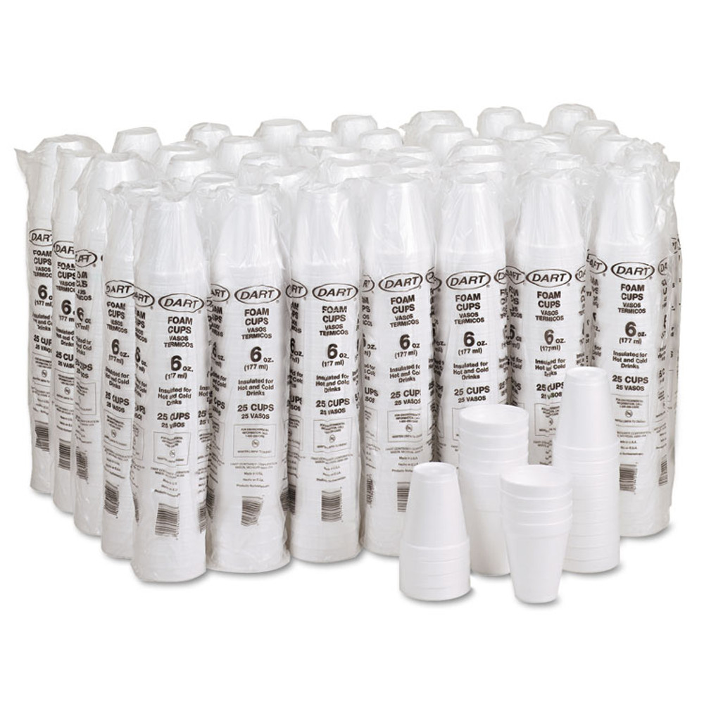 DART 6J6 Foam Drink Cups, 6 oz, White, 25/Bag, 40 Bags/Carton