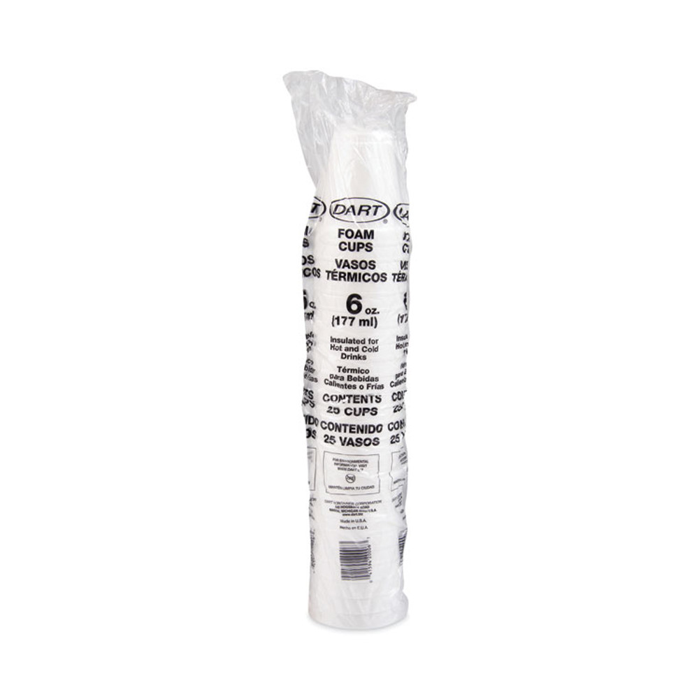 DART 6J6 Foam Drink Cups, 6 oz, White, 25/Bag, 40 Bags/Carton