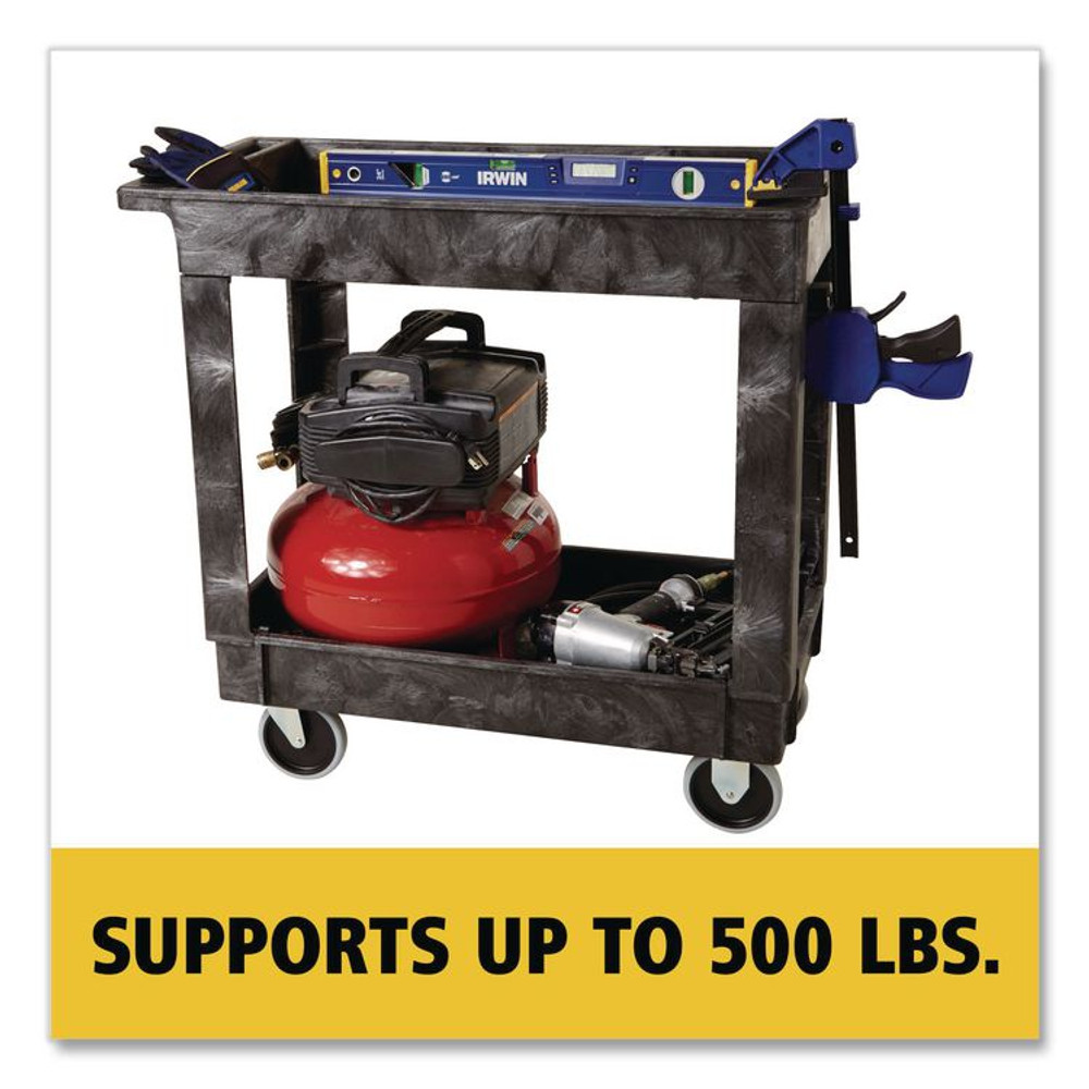RUBBERMAID COMMERCIAL PROD. 9T6600BLA Heavy-Duty Flat-Handle Maintenance/Utility Cart, Plastic, 2 Shelves, 500 lb Capacity, 34.13" x 17.38" x 32.38", Black