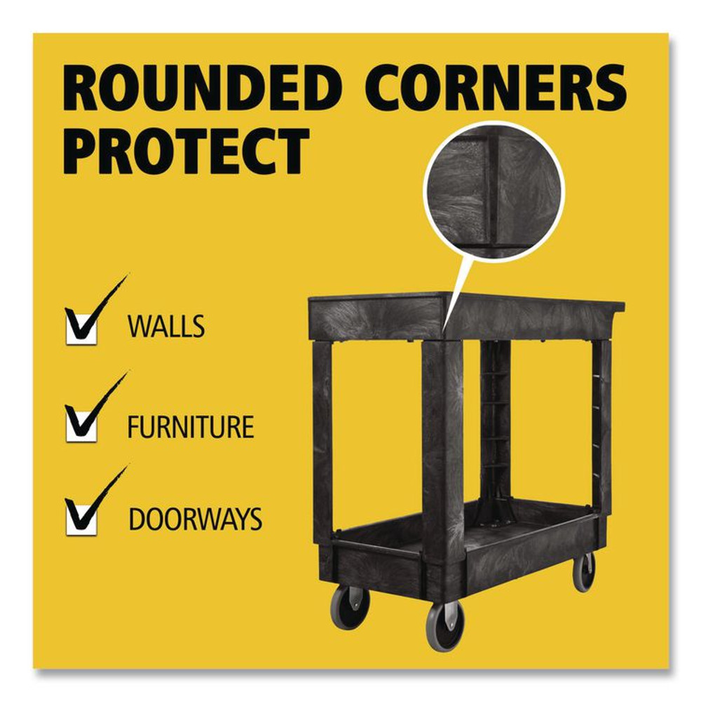 RUBBERMAID COMMERCIAL PROD. 9T6600BLA Heavy-Duty Flat-Handle Maintenance/Utility Cart, Plastic, 2 Shelves, 500 lb Capacity, 34.13" x 17.38" x 32.38", Black