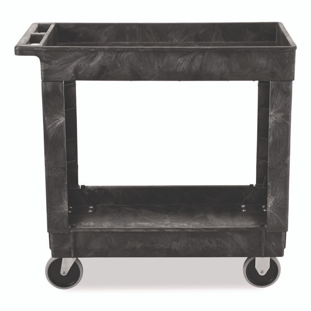 RUBBERMAID COMMERCIAL PROD. 9T6600BLA Heavy-Duty Flat-Handle Maintenance/Utility Cart, Plastic, 2 Shelves, 500 lb Capacity, 34.13" x 17.38" x 32.38", Black