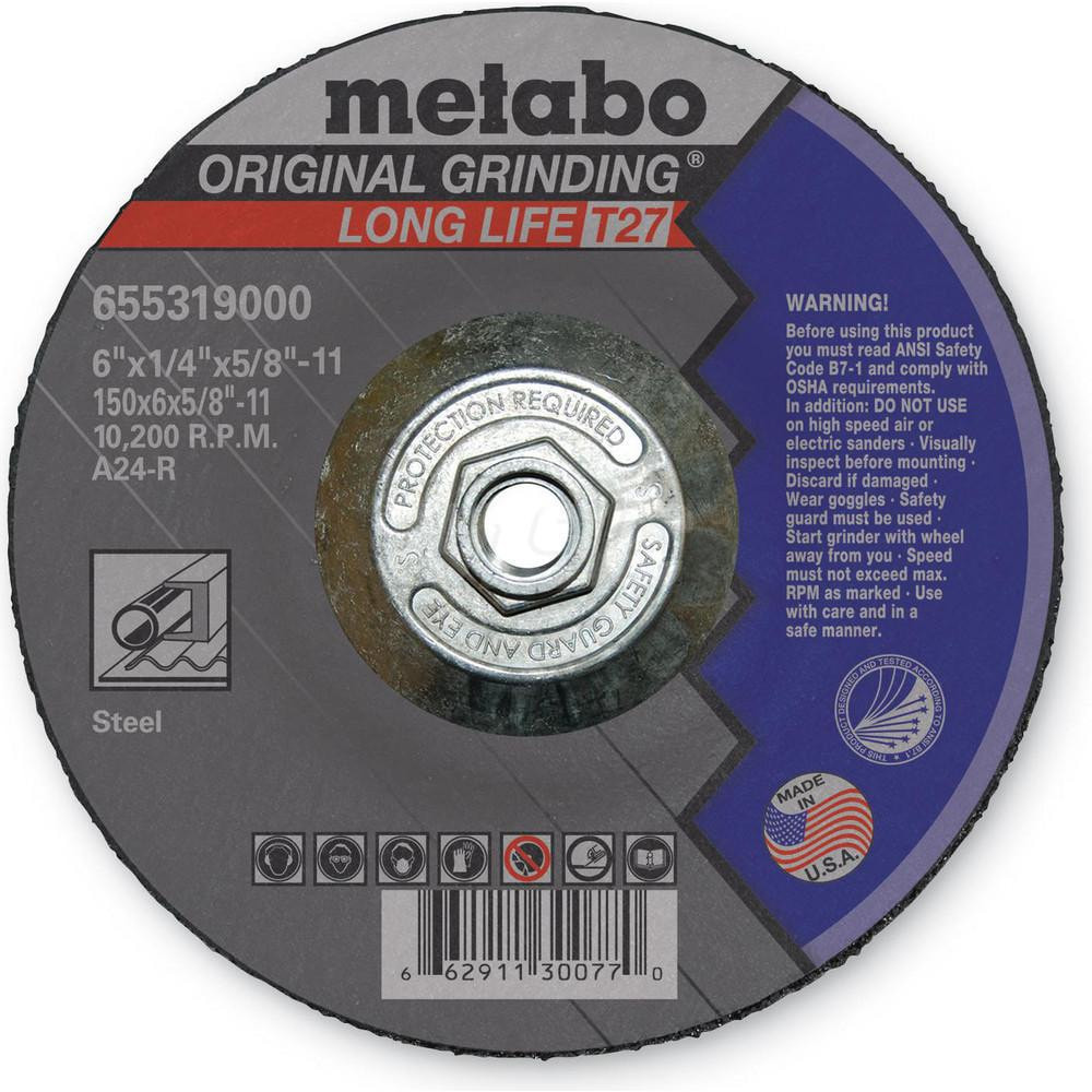 Metabo 655319000 Depressed Center Wheel: Type 27, 6" Dia, 1/4" Thick, 5/8" Hole, Aluminum Oxide