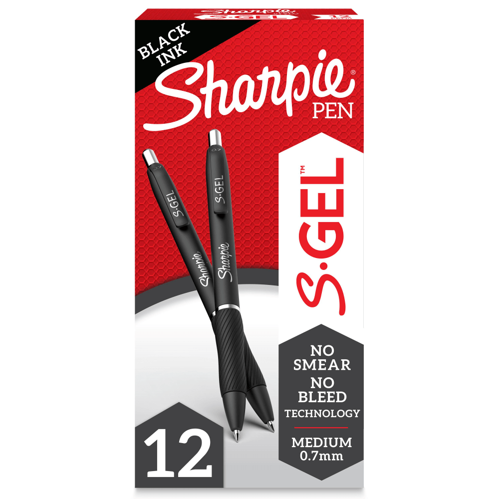NEWELL BRANDS INC. 2096159 Sharpie S Gel Pens, Medium Point, 0.7 mm, Black Barrel, Black Ink, Pack Of 12 Pens