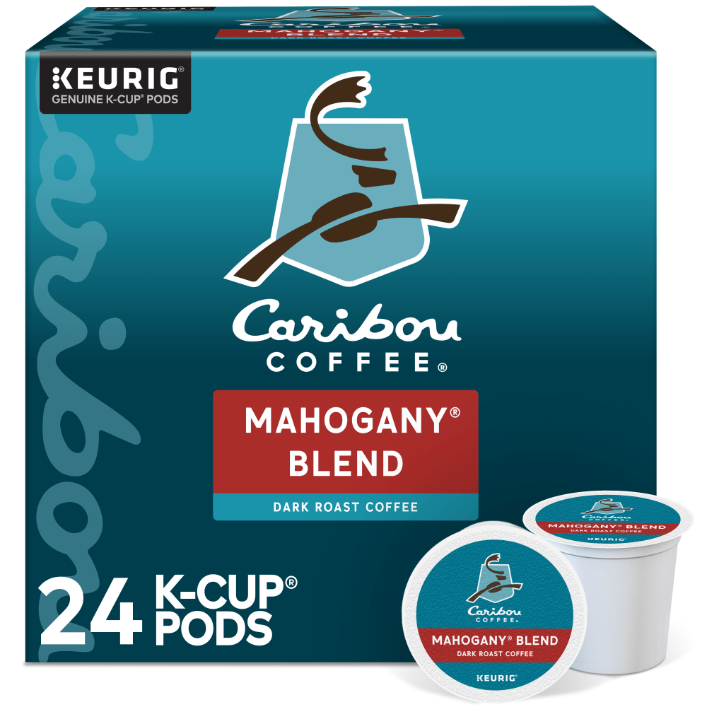 Available in convenient K-Cup Pods, this mahogany coffee from Caribou Coffee combines bold molasses, spices and semi-sweet chocolate flavors for a robust cup. Best of all, you will never need to measure grounds - its been done for you.  Notes of aromatic woods and leather help create a comfortably rugged and robust blend.  Each Caribou Coffee K-Cup Pod has a built-in coffee filter - no measuring and no mess.  K-Cup Pods are designed for use in single-cup brewing systems.  Includes a box of 24 mahogany coffee K-Cup Pods.  Caribou Coffee is not affiliated with Keurig or K-Cup. K-Cup is a registered trademark of Keurig Incorporated.  Rainforest Alliance Certified - products or ingredients sourced from farms or forests that are managed to rigorous environmental, social and economic standards, designed to conserve wildlife, protect workers, and increase livelihoods.