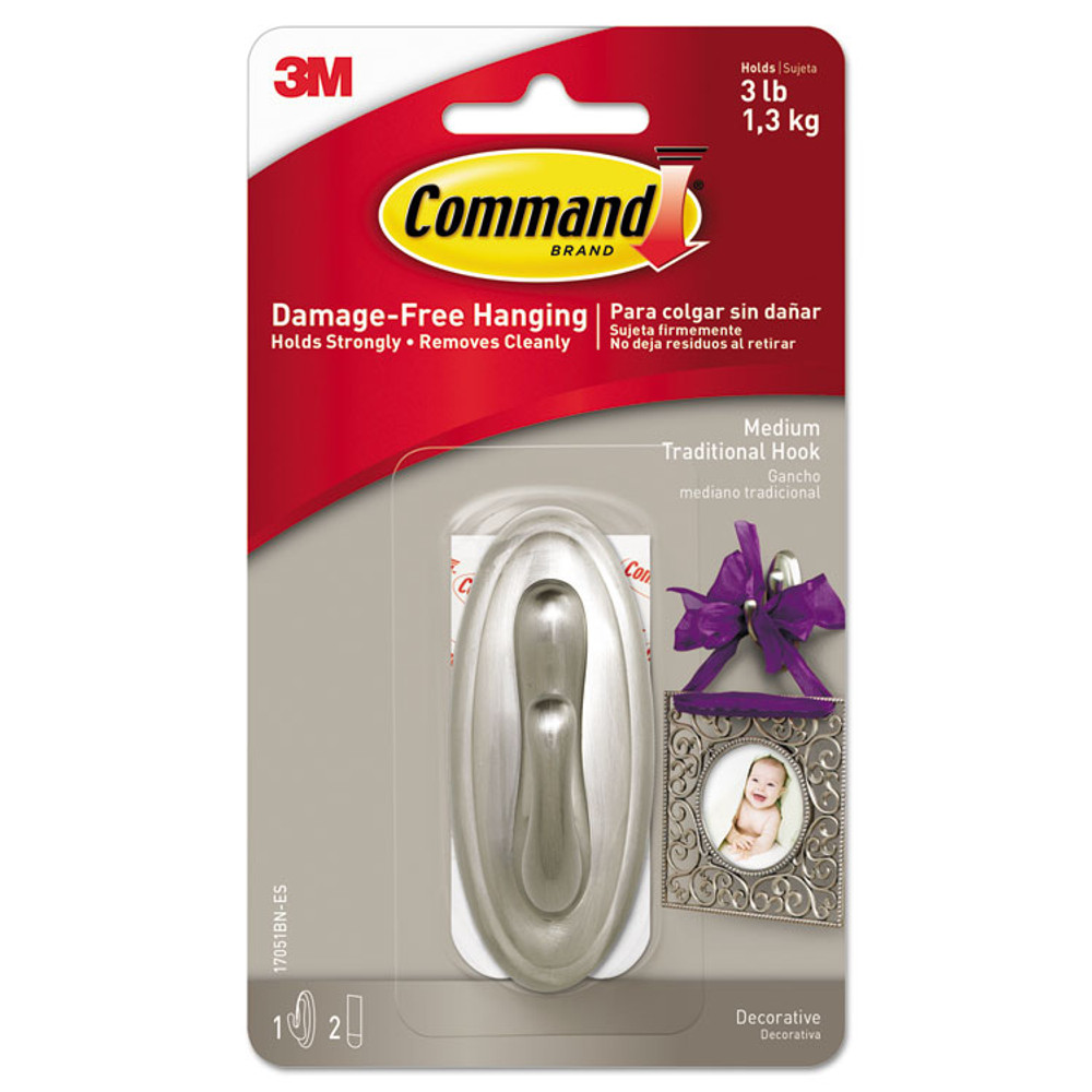 3M/COMMERCIAL TAPE DIV. Command™ 17051BNES Decorative Hooks, Traditional, Medium, Plastic, Brushed Nickel, 3 lb Capacity, 1 Hook and 2 Strips/Pack