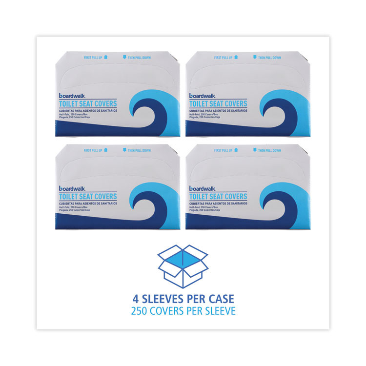 BOARDWALK K1000B Premium Half-Fold Toilet Seat Covers, 14.17 x 16.73, White, 250/Sleeve, 4 Sleeves/Carton