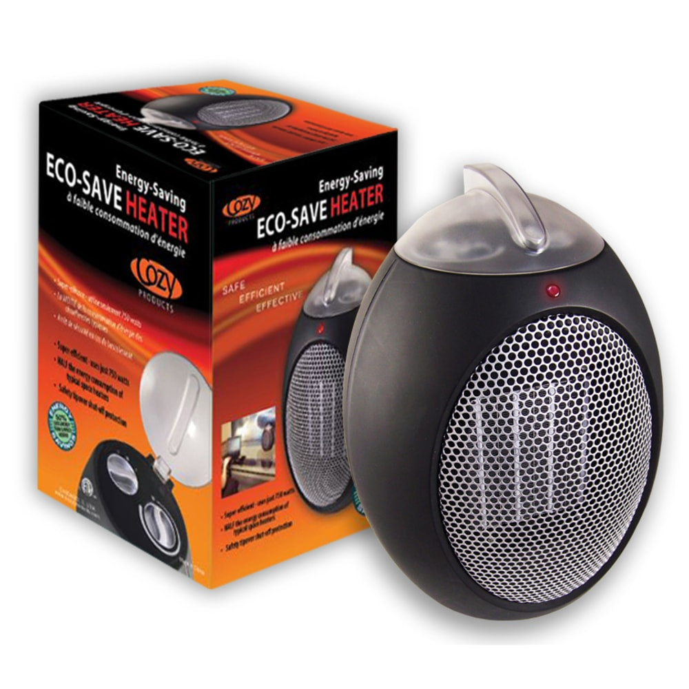 Keep your office space or bedroom warm during the colder months with a COZY PRODUCTS Eco-Save Compact Heater. This unit plugs into a standard outlet for use virtually anywhere.  Covers up to 70 sq. ft.  Variable fan speed control with 2-step switch: fan and heat.  Use under desks, on desktops, shelves, in bathrooms and more.  Automatic safety tip-over shut-off feature.  Plugs into a standard outlet.  Backed by the manufacturers 6-month limited warranty.
