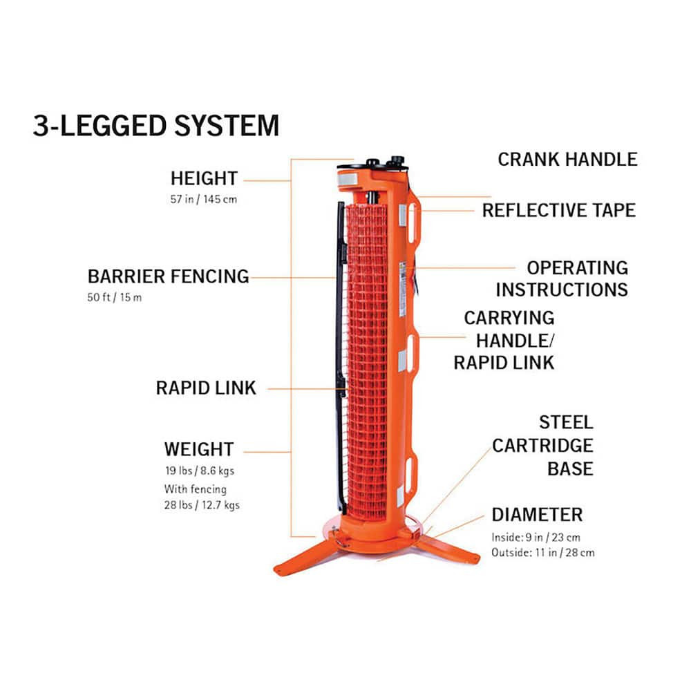 Ideal Warehouse Innovations Inc. 70-7000 Railing Barriers; Barrier Type: Barricade ; Mount Type: Portable ; Material: Steel ; Overall Height: 64 ; Includes: 50 (15 m) safety orange fencing, 4 posts with end lockout in a post carry bag, 4 rubber base 