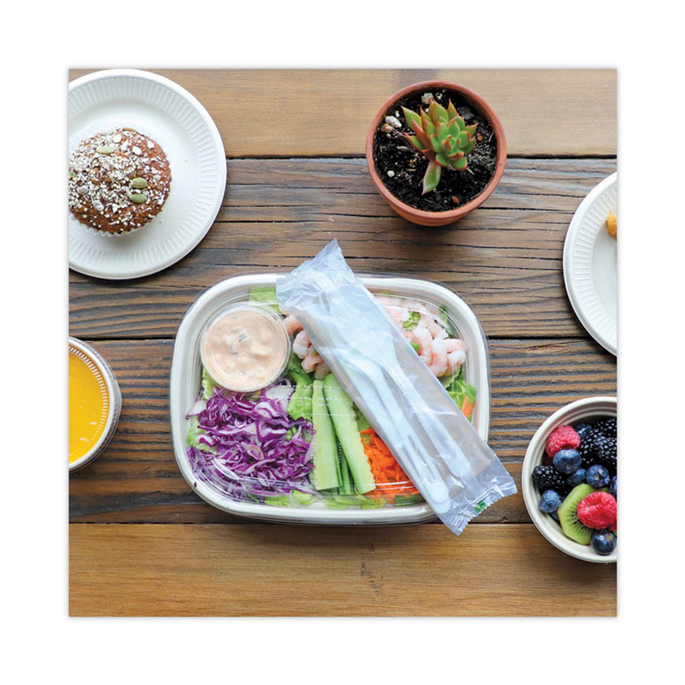 WORLD CENTRIC ASPSTN TPLA Wrapped Cutlery, Fork/Knife/Napkin/Spoon, Plastic, White, 250/Carton