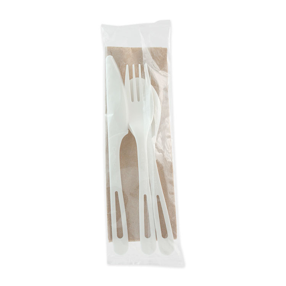 WORLD CENTRIC ASPSTN TPLA Wrapped Cutlery, Fork/Knife/Napkin/Spoon, Plastic, White, 250/Carton