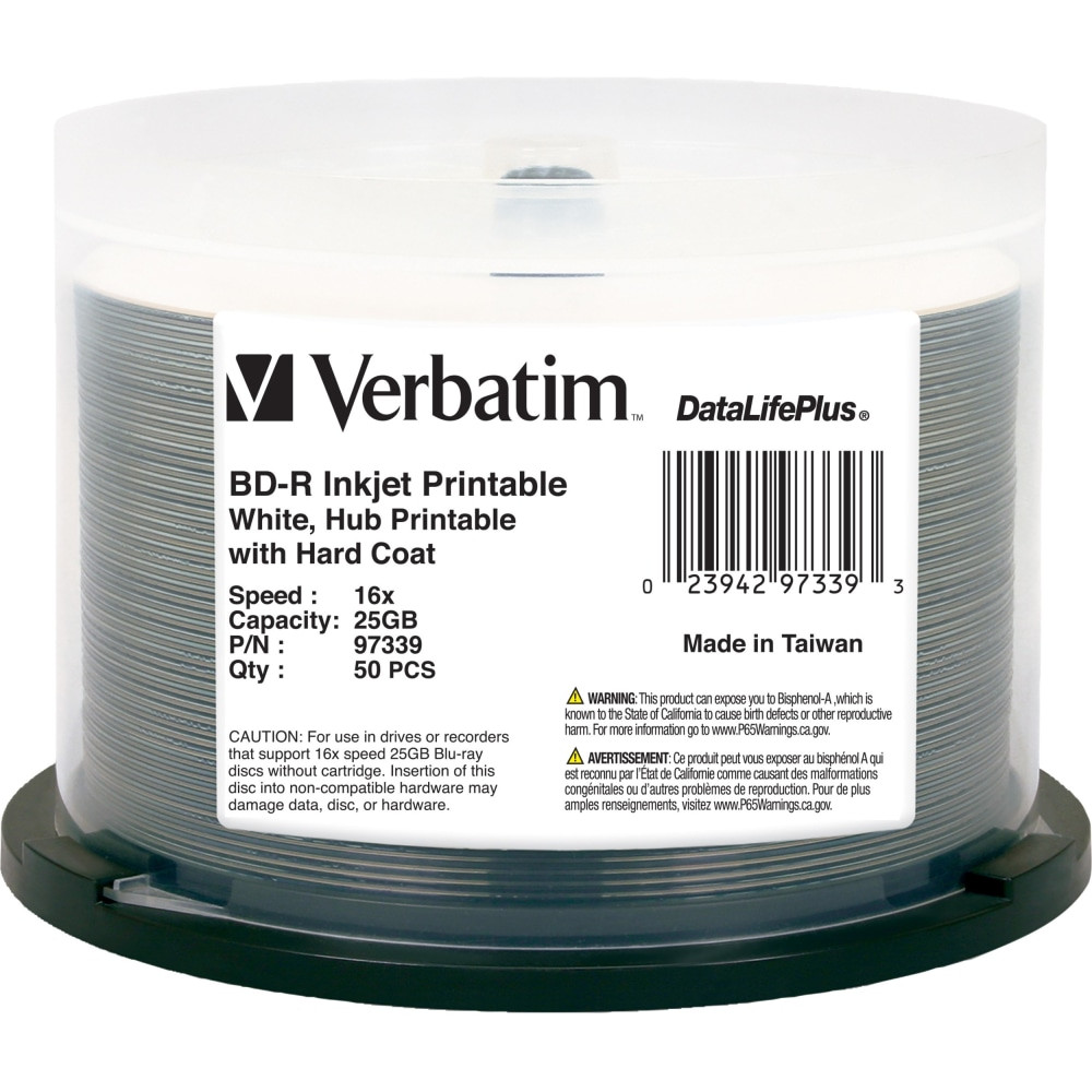 VERBATIM AMERICAS LLC 97339 BD-R 25GB 16X DataLifePlus White Inkjet Printable, Hub Printable - 50pk Spindle - 50pk Spindle