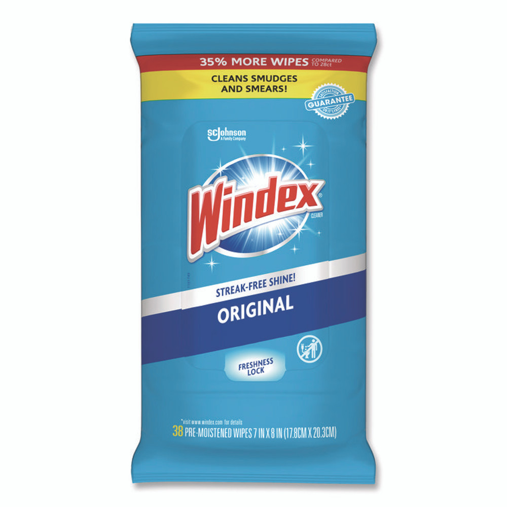 SC JOHNSON Windex® 319251 Glass and Surface Wet Wipe, Cloth, 7 x 8, Unscented, White, 38/Pack, 12 Packs/Carton