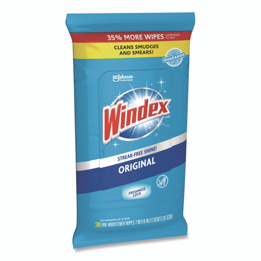 SC JOHNSON Windex® 319251 Glass and Surface Wet Wipe, Cloth, 7 x 8, Unscented, White, 38/Pack, 12 Packs/Carton