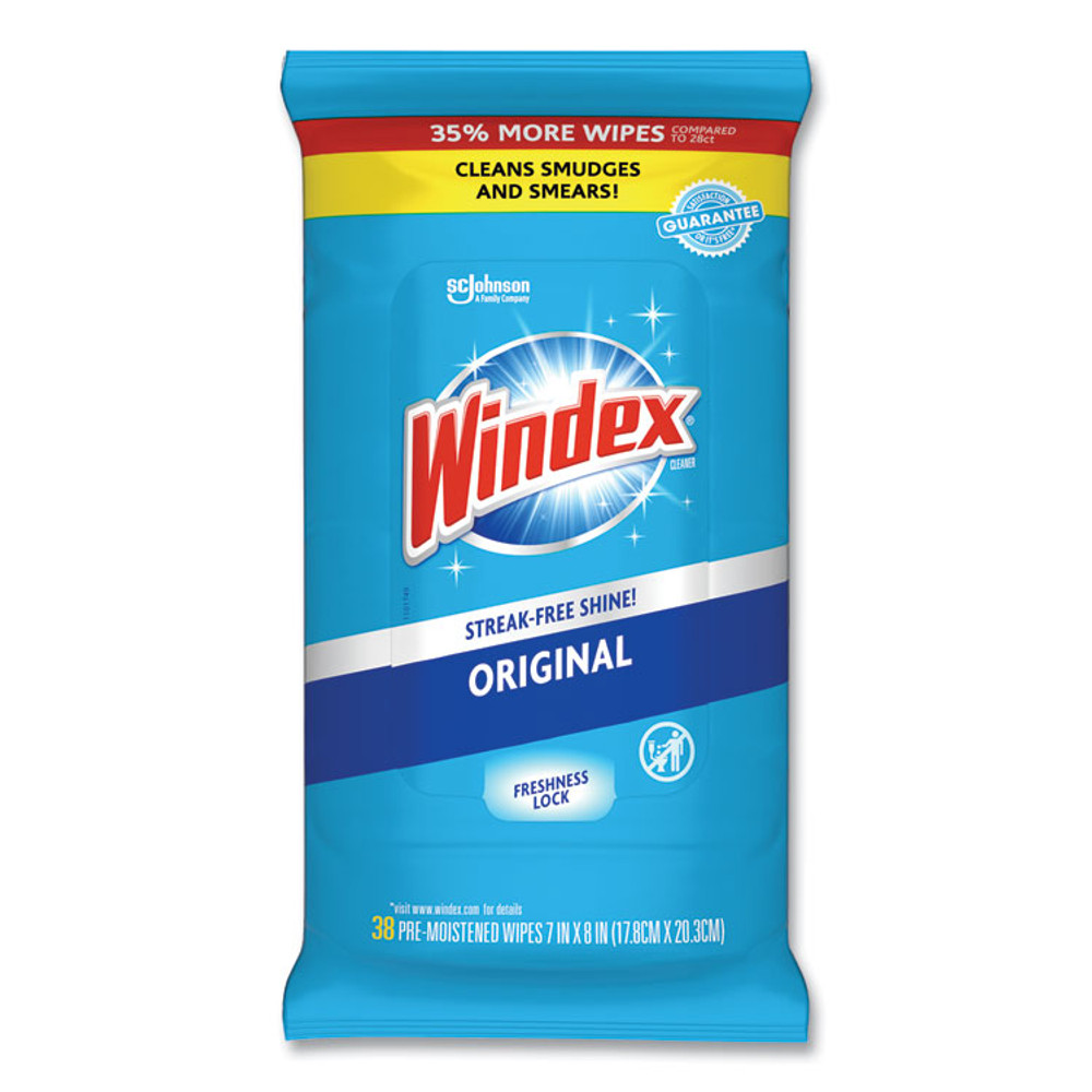 SC JOHNSON Windex® 319251 Glass and Surface Wet Wipe, Cloth, 7 x 8, Unscented, White, 38/Pack, 12 Packs/Carton