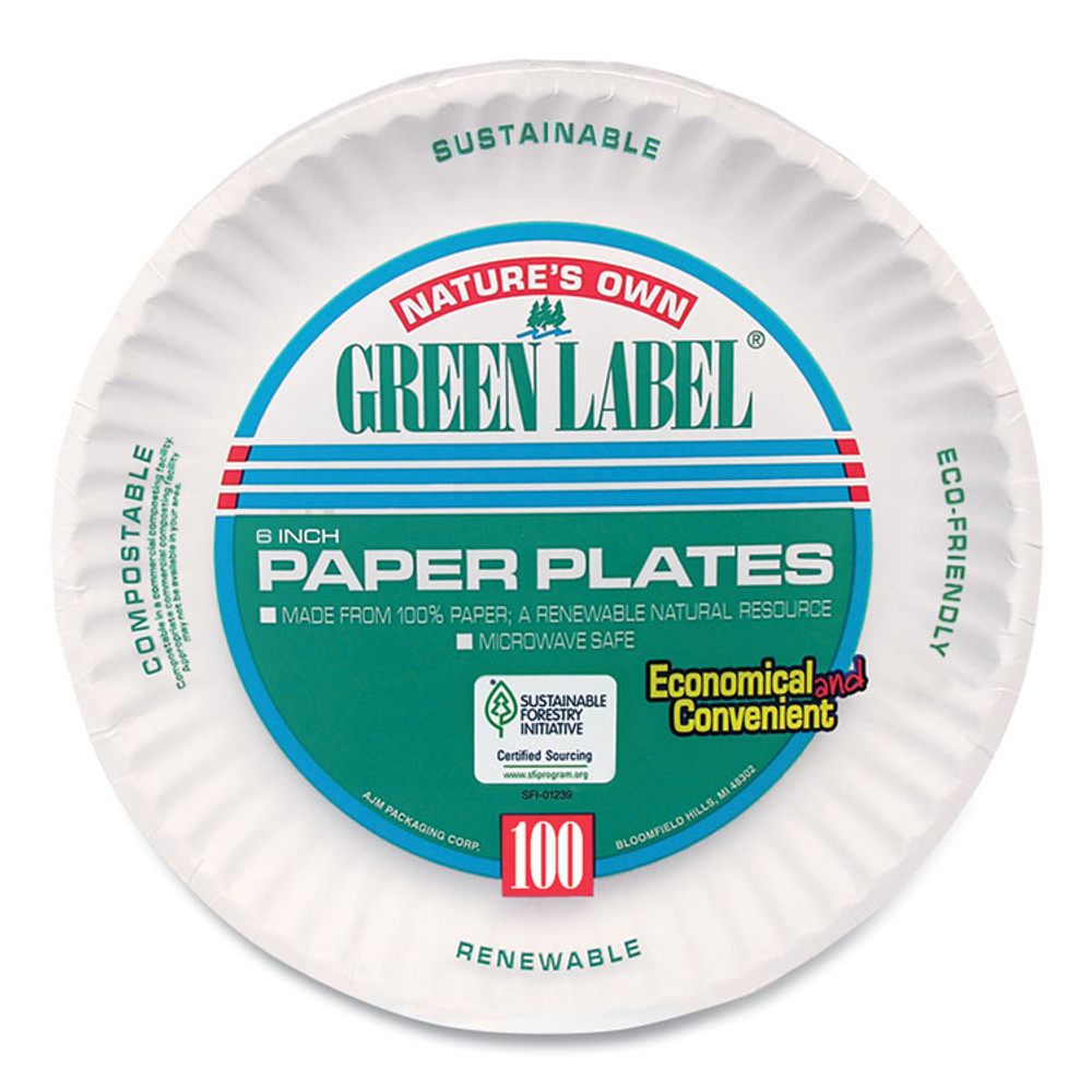 AJM PACKAGING CORP. Corporation PP6GREWH White Paper Plates, 6" dia, 100/Pack, 10 Packs/Carton