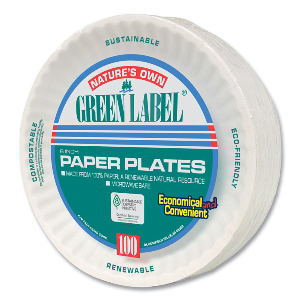 AJM PACKAGING CORP. Corporation PP6GREWH White Paper Plates, 6" dia, 100/Pack, 10 Packs/Carton