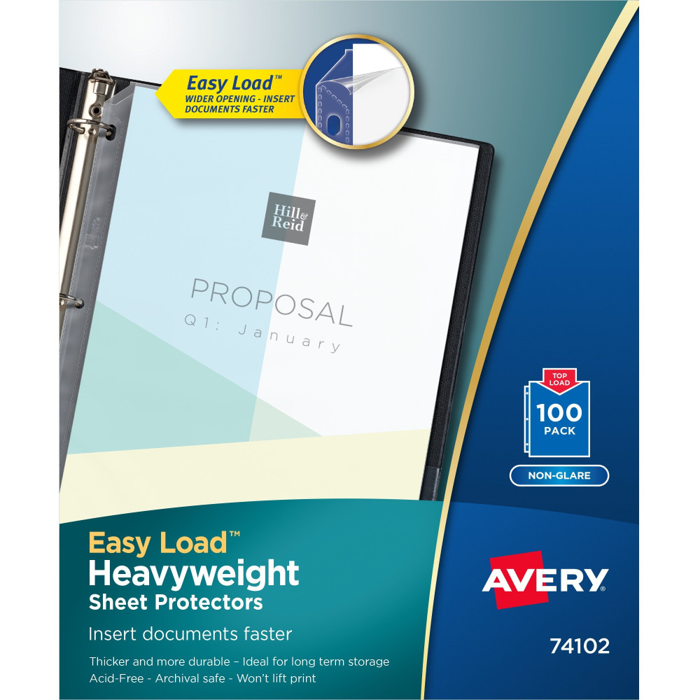 AVERY PRODUCTS CORPORATION 74102 Avery Non-Glare Heavyweight Sheet Protectors With Easy Load, 8-1/2in x 11in, Clear, 100 Document Protectors